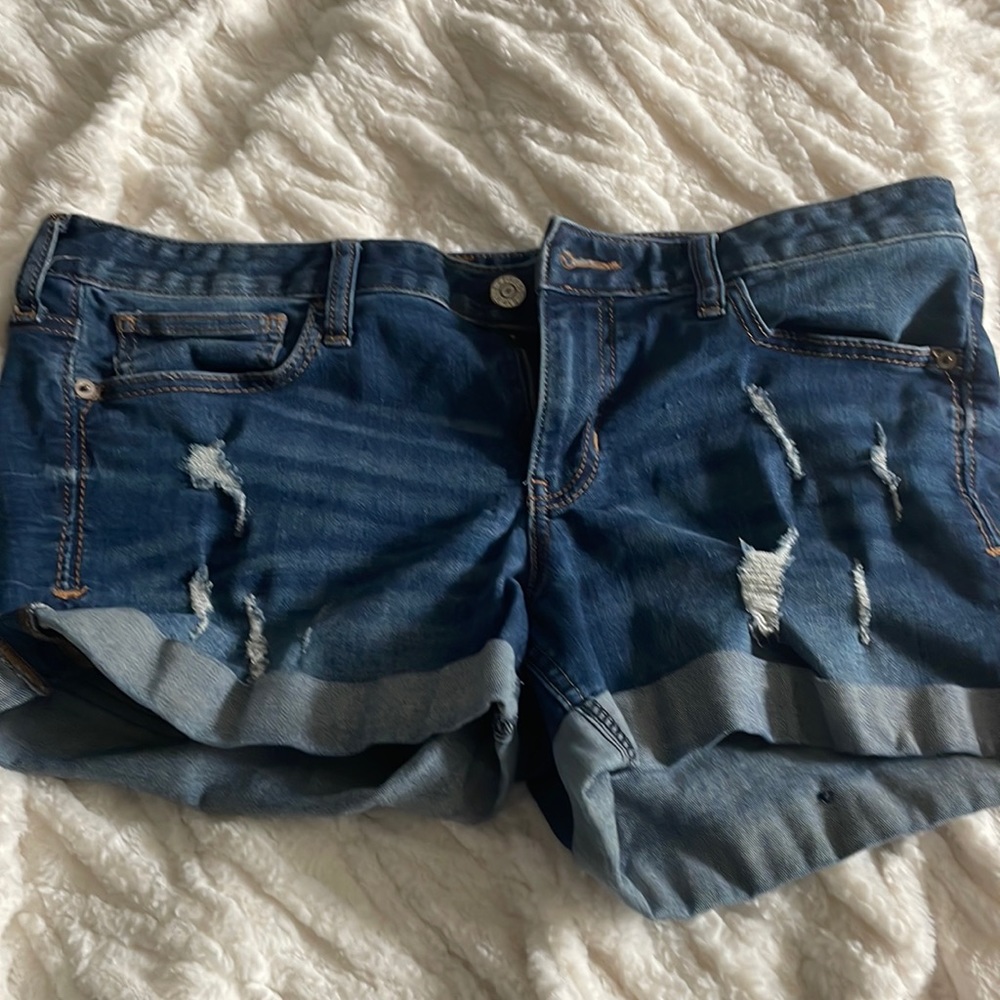 Express MIDI Low Rise Distressed Jean Shorts